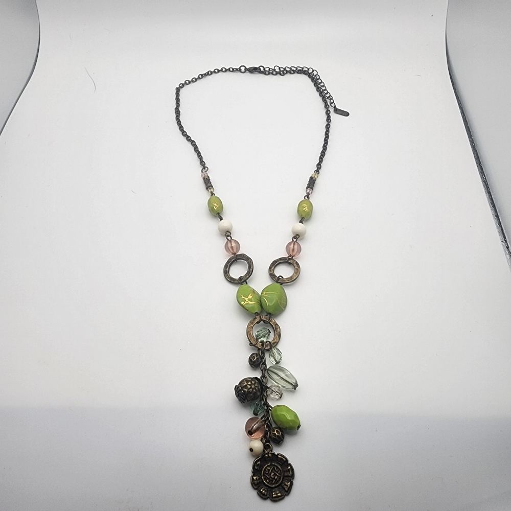 A Line Bronze Tone, Green, Pink, & Cream Beaded Cleavage Drop Necklace